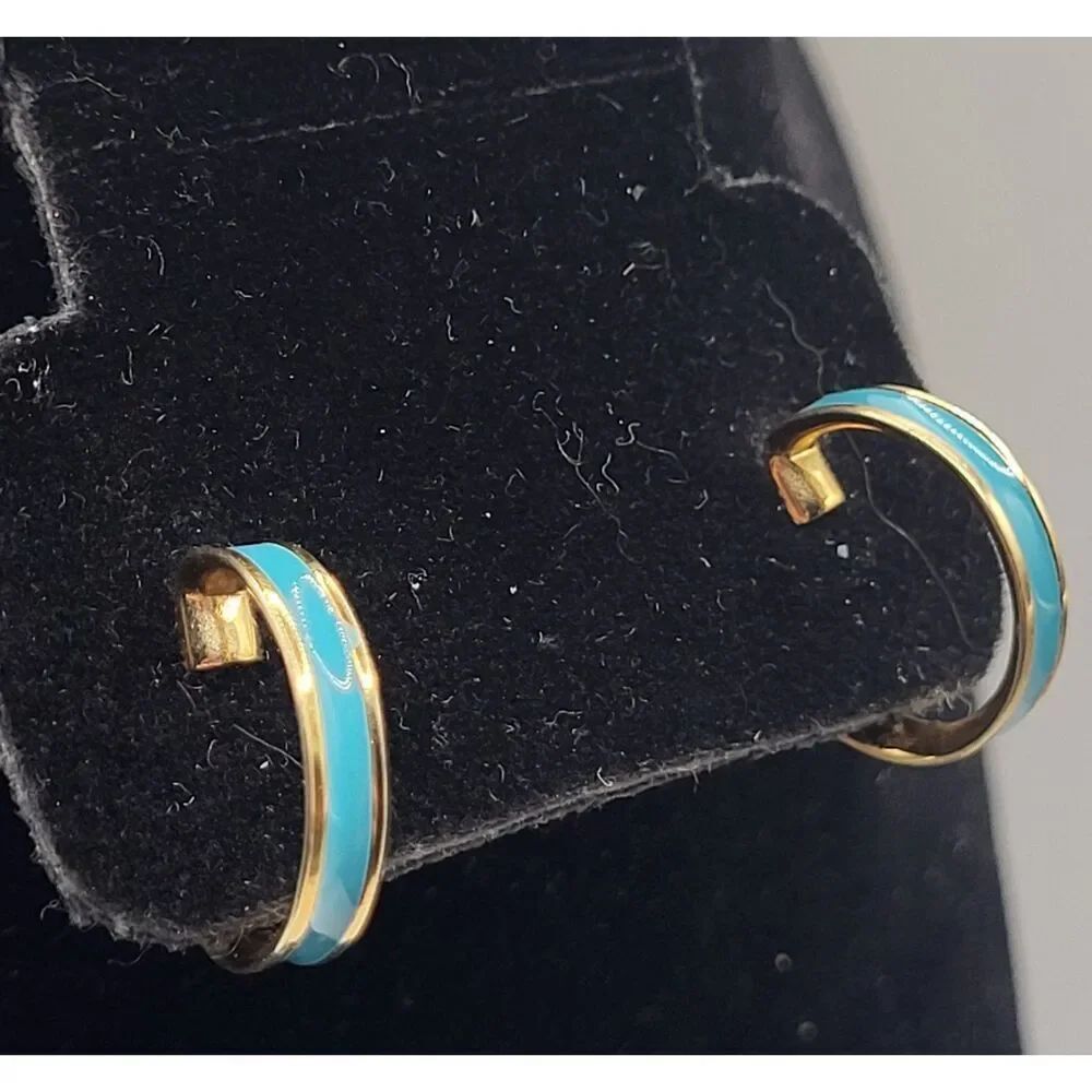Turquoise Enamel Stripe Gold Hoop Earrings 0.75in